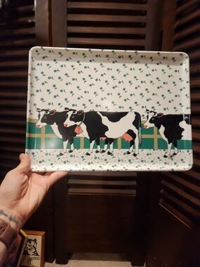 Vintage Cow Print Tray in White and Green